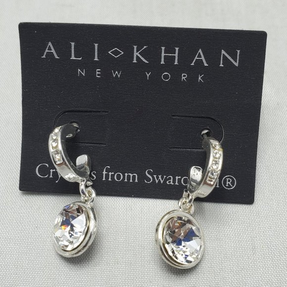 Ali Khan Swarovski crystal bezel dangle pierced silver earring - Picture 1 of 3